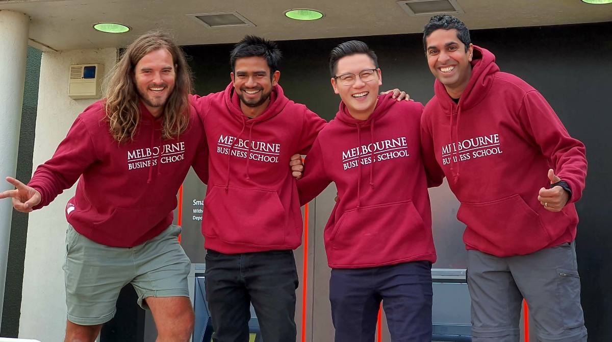 MBA students Chris Watkins, Dushan Wickramarathna, Gideon Lui and David Nayagam from Melbourne Business School, who won the 2020 Zurich Enterprise Challenge