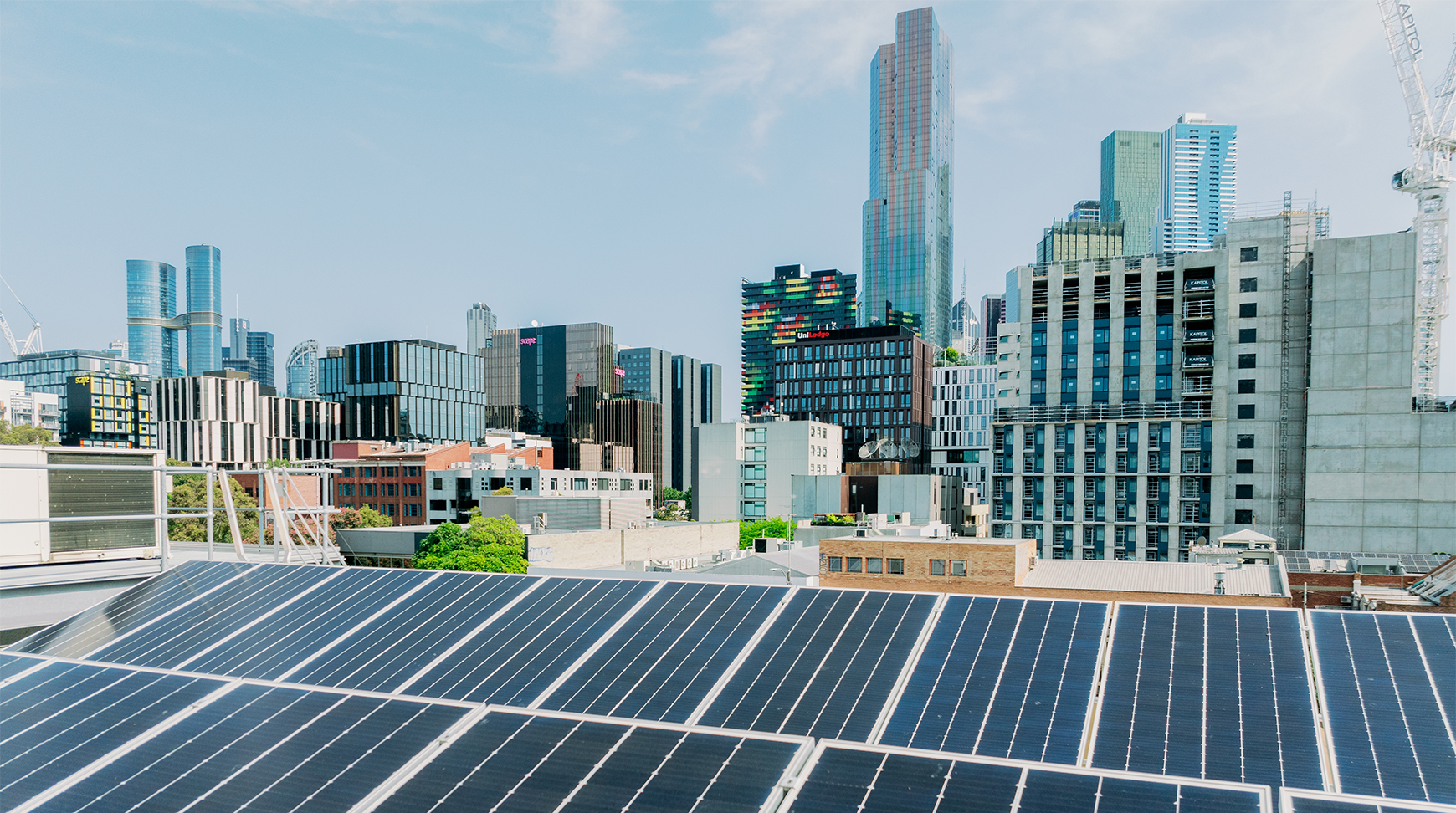 Solar panels on roof of Melbourne Business School, January 2024